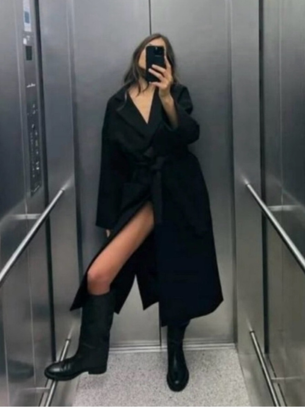 Zara Black Long Belted Trench Coat sz medium
